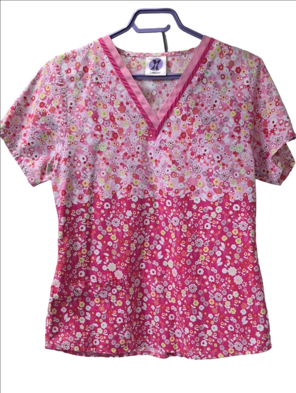 Landau Floral V-Neck Scrub Top Pink Gradient Print
